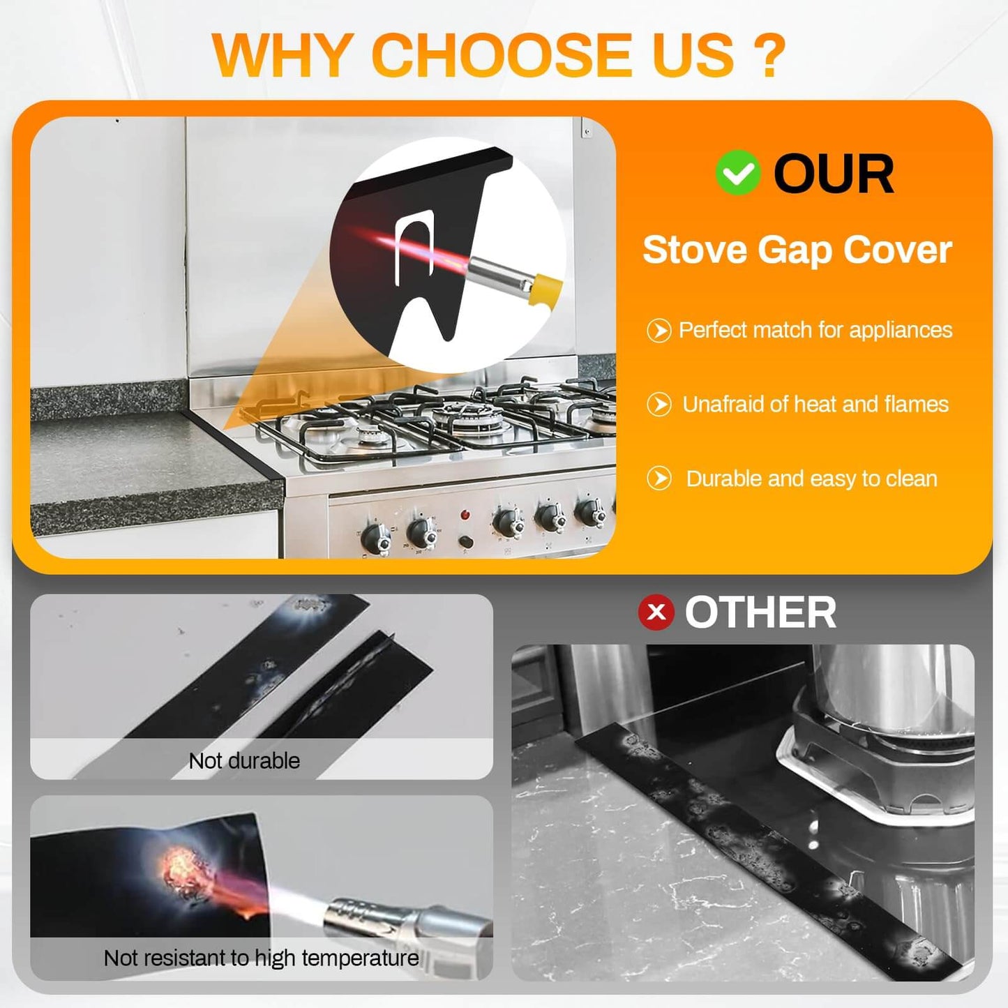 Stainless Steel Stove Gap Covers,Stove Gap Filler, Range Trim Kit, Stove Gap Guards, Heat Resistant and Easy to Clean, Easy retractable Length 13.8" to 27.5", Width 0.79",Black 0r silver (2PCS)