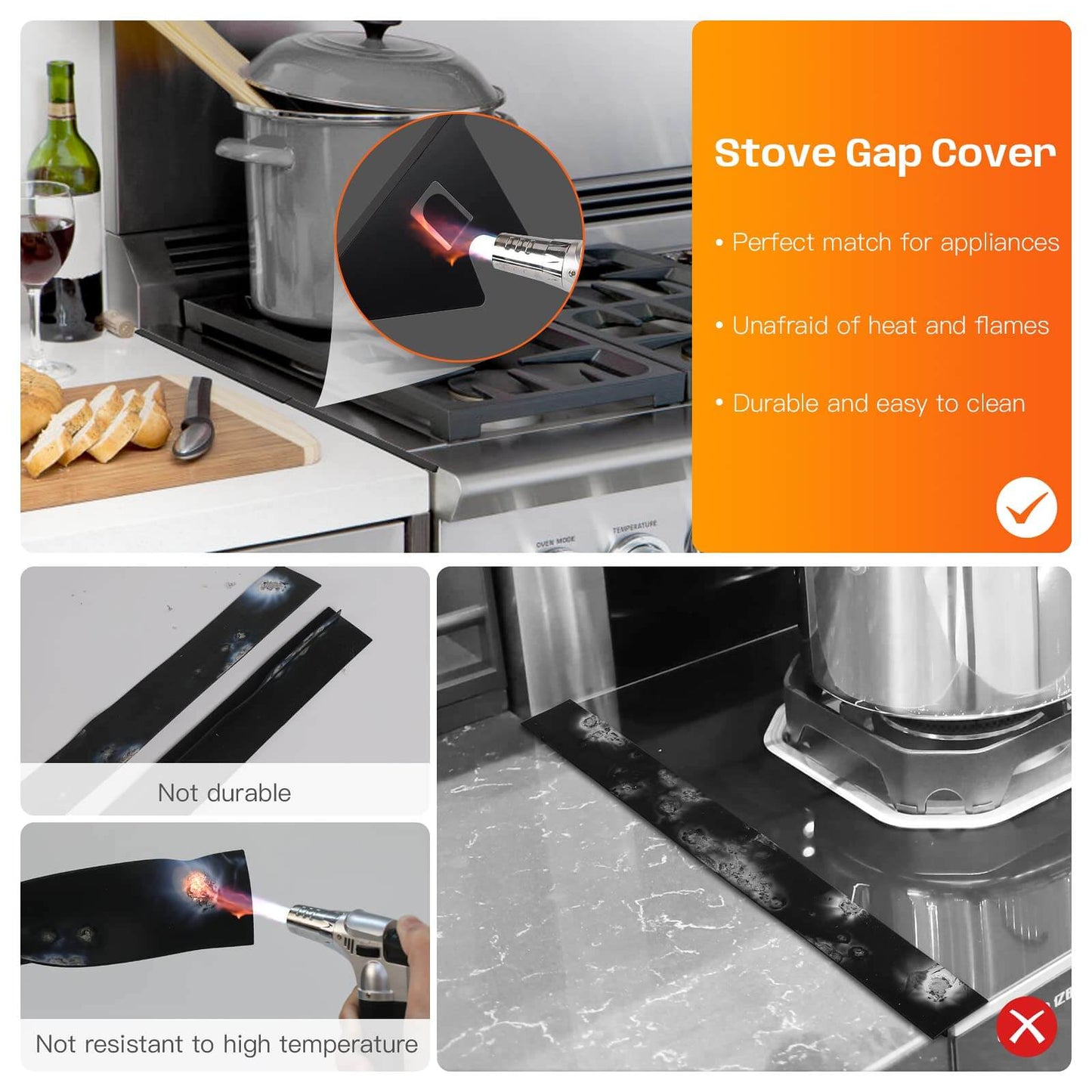 Stainless Steel Stove Gap Covers,Stove Gap Filler, Range Trim Kit, Stove Gap Guards, Heat Resistant and Easy to Clean, Easy retractable Length 13.8" to 27.5", Width 0.79",Black 0r silver (2PCS)